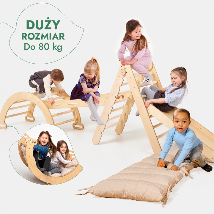 5 w 1 Zestaw Wspinaczkowy Montessori dla Dzieci : Drabinka Pikler + Bujak + Zjeżdżalnia + Siatka + Poduszka