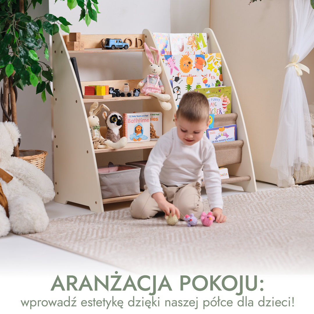 Regały Montessori na książki i zabawki dla maluchów 2w1