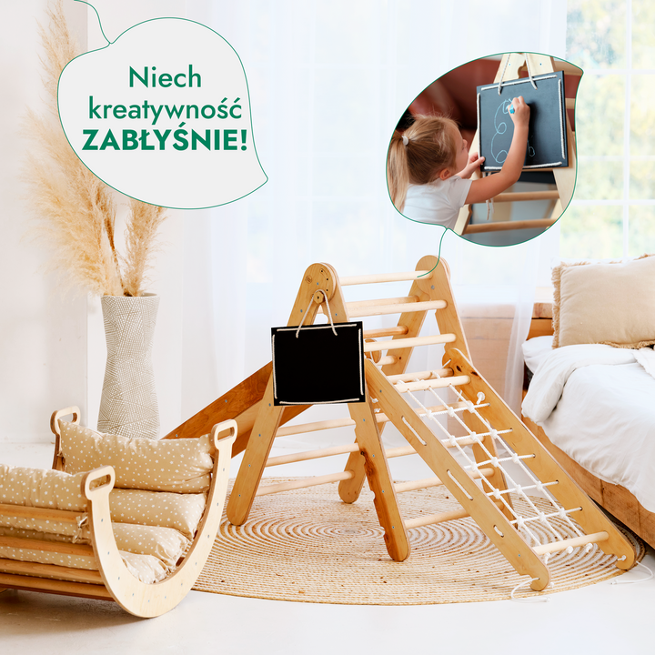 5 w 1 Zestaw Wspinaczkowy Montessori dla Dzieci : Drabinka Pikler + Bujak + Zjeżdżalnia + Siatka + Poduszka