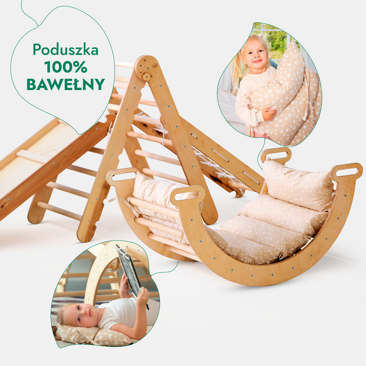 5 w 1 Zestaw Wspinaczkowy Montessori dla Dzieci : Drabinka Pikler + Bujak + Zjeżdżalnia + Siatka + Poduszka