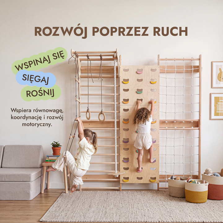 7-in-1 Ścianka wspinaczkowa dla dzieci: drabinka, chwyty, siatka, drążek i zestaw huśtawek 3w1