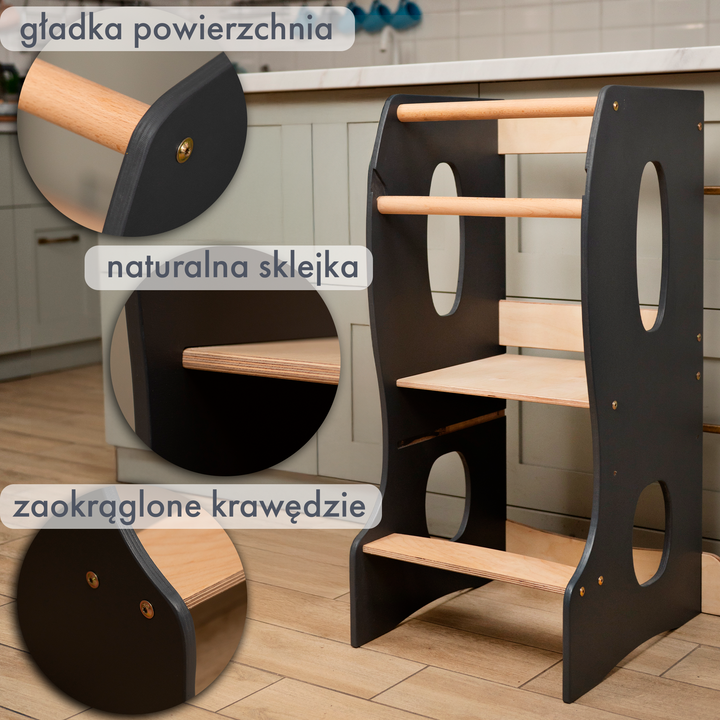 Podest kuchenny Montessori: niezbędna pomoc w kuchni. Kolor: szary