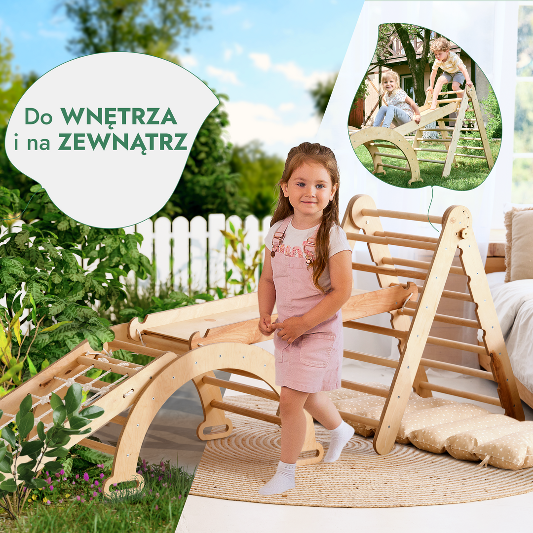 5 w 1 Zestaw Wspinaczkowy Montessori dla Dzieci : Drabinka Pikler + Bujak + Zjeżdżalnia + Siatka + Poduszka