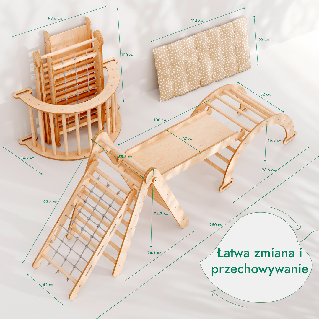 5 w 1 Zestaw Wspinaczkowy Montessori dla Dzieci : Drabinka Pikler + Bujak + Zjeżdżalnia + Siatka + Poduszka