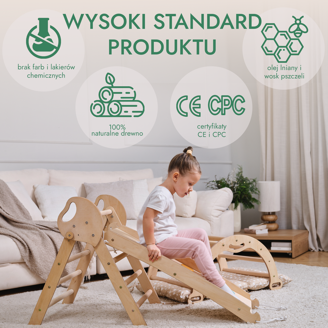 4w1 Zestaw Wspinaczkowy Montessori dla Dzieci: Drabinka Pikler + Bujak /łuk wspinaczkowy + zjeżdżalnia + poduszka (1-3 lata)