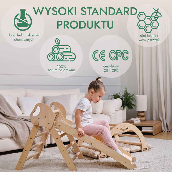 4w1 Zestaw Wspinaczkowy Montessori dla Dzieci: Drabinka Pikler + Bujak /łuk wspinaczkowy + zjeżdżalnia + poduszka (1-3 lata)