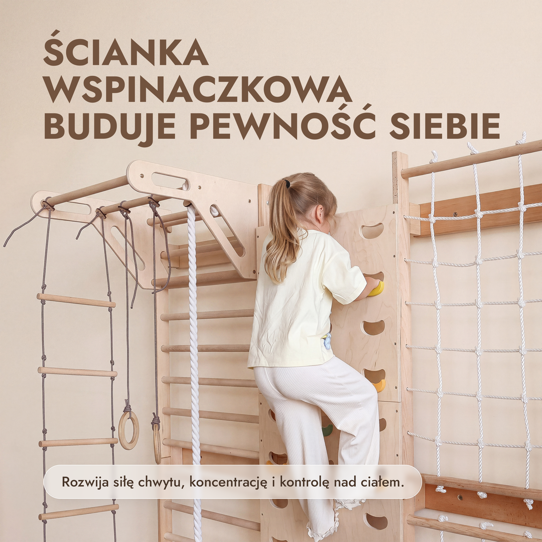 7-in-1 Ścianka wspinaczkowa dla dzieci: drabinka, chwyty, siatka, drążek i zestaw huśtawek 3w1