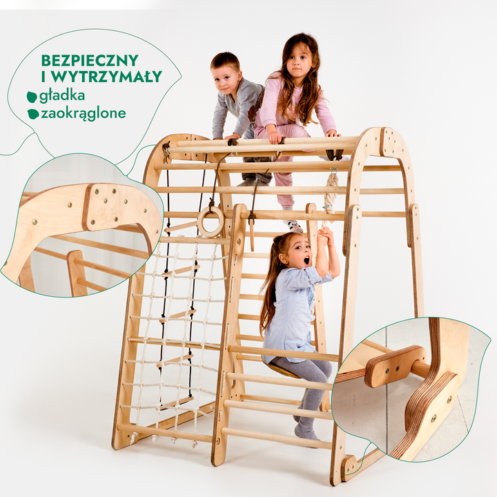 Drewniany domowy Plac Zabaw 7 w 1: Plac Zabaw + Zestaw huśtawek + Zjeżdżalnia + Przystawka do Rysowania