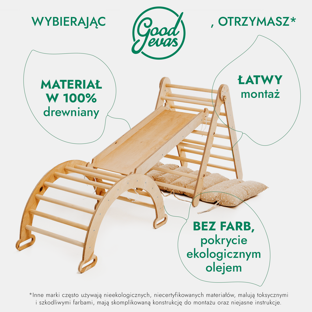 4w1 Zestaw Wspinaczkowy Montessori dla Dzieci: Drabinka Pikler + Bujak + Zjeżdżalnia + Poduszka - Beżowy