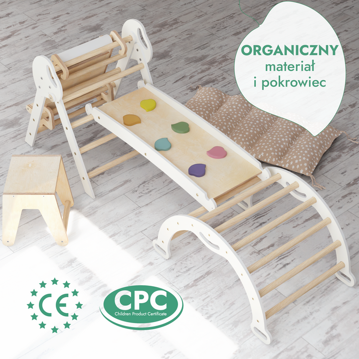 5w1 Zestaw Wspinaczkowy Montessori dla Dzieci: Drabinka Pikler + Bujak /łuk wspinaczkowy + zjeżdżalnia + poduszka + Przystawka do Rysowania (1-3 lata)