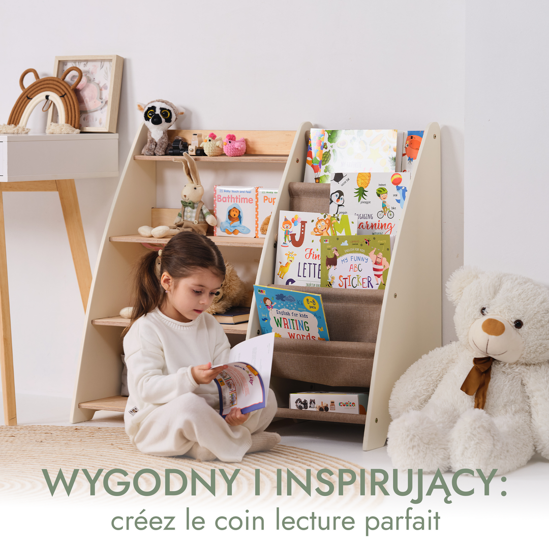 Regały Montessori na książki i zabawki dla maluchów 2w1