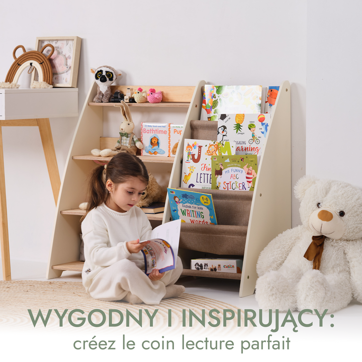 Regały Montessori na książki i zabawki dla maluchów 2w1