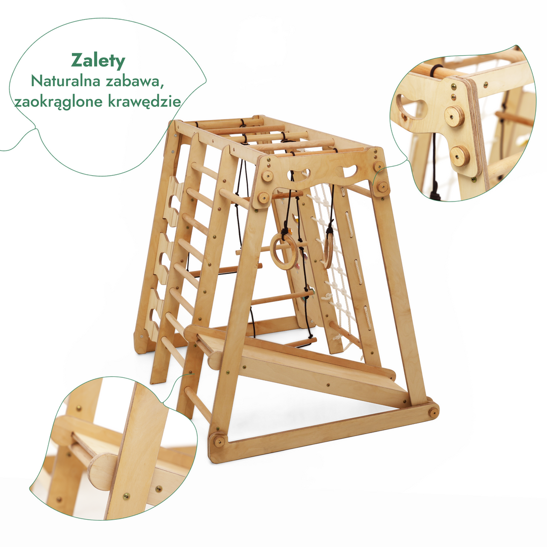 Drewniany plac zabaw dla dzieci 6w1: plac zabaw + zestaw huśtawek + zjeżdżalnia + lina + schody