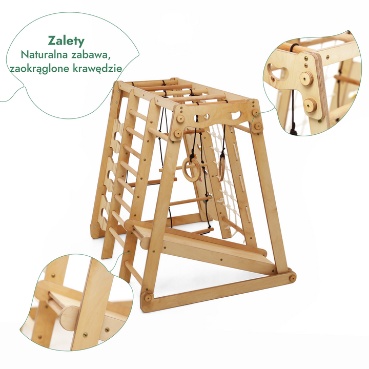Drewniany plac zabaw dla dzieci 6w1: plac zabaw + zestaw huśtawek + zjeżdżalnia + lina + schody