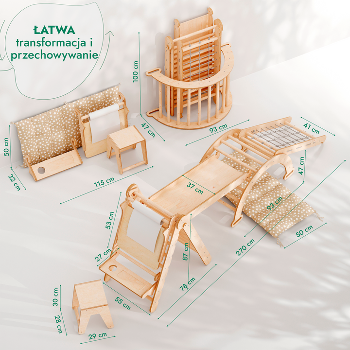 Zestaw Wspinaczkowy Montessori dla Dzieci 6w1 : Drabinka Pikler + Bujak + Zjeżdżalnia + Siatka + Poduszka + Przystawka do Rysowania