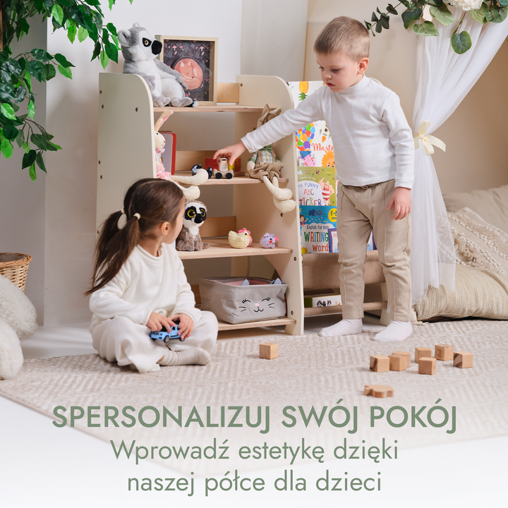Drewniane regały Montessori 2w1: Regał na książki i zabawki