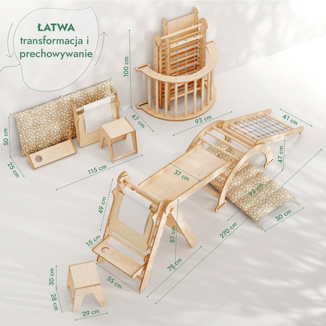 Zestaw Wspinaczkowy Montessori dla Dzieci 6w1 : Drabinka Pikler + Bujak + Zjeżdżalnia + Siatka + Poduszka + Przystawka do Rysowania
