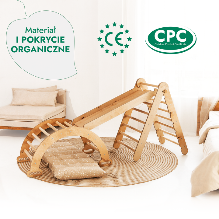 4w1 Zestaw Wspinaczkowy Montessori dla Dzieci: Drabinka Pikler + Bujak + Zjeżdżalnia + Poduszka - Beżowy