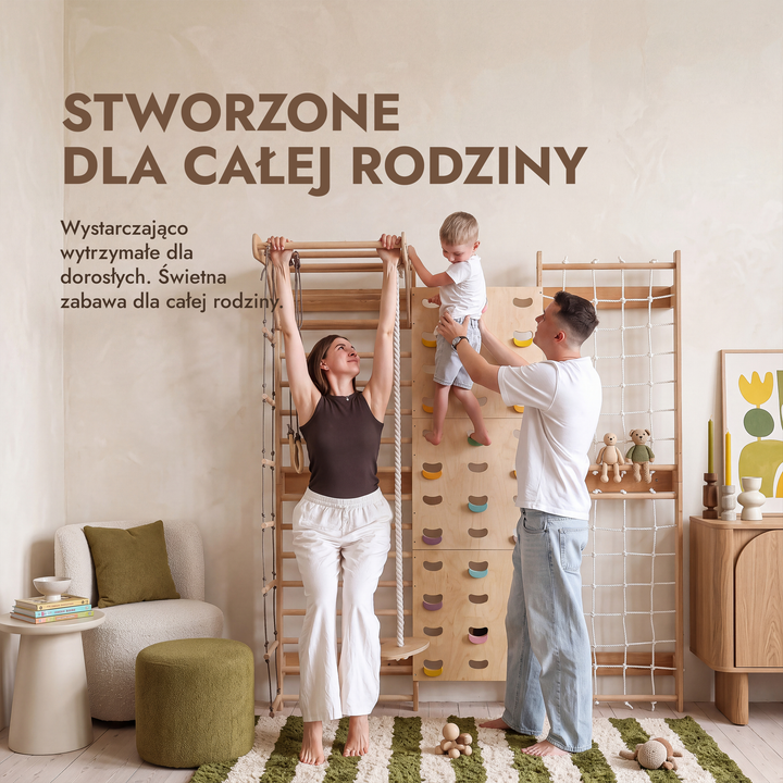7-in-1 Ścianka wspinaczkowa dla dzieci: drabinka, chwyty, siatka, drążek i zestaw huśtawek 3w1