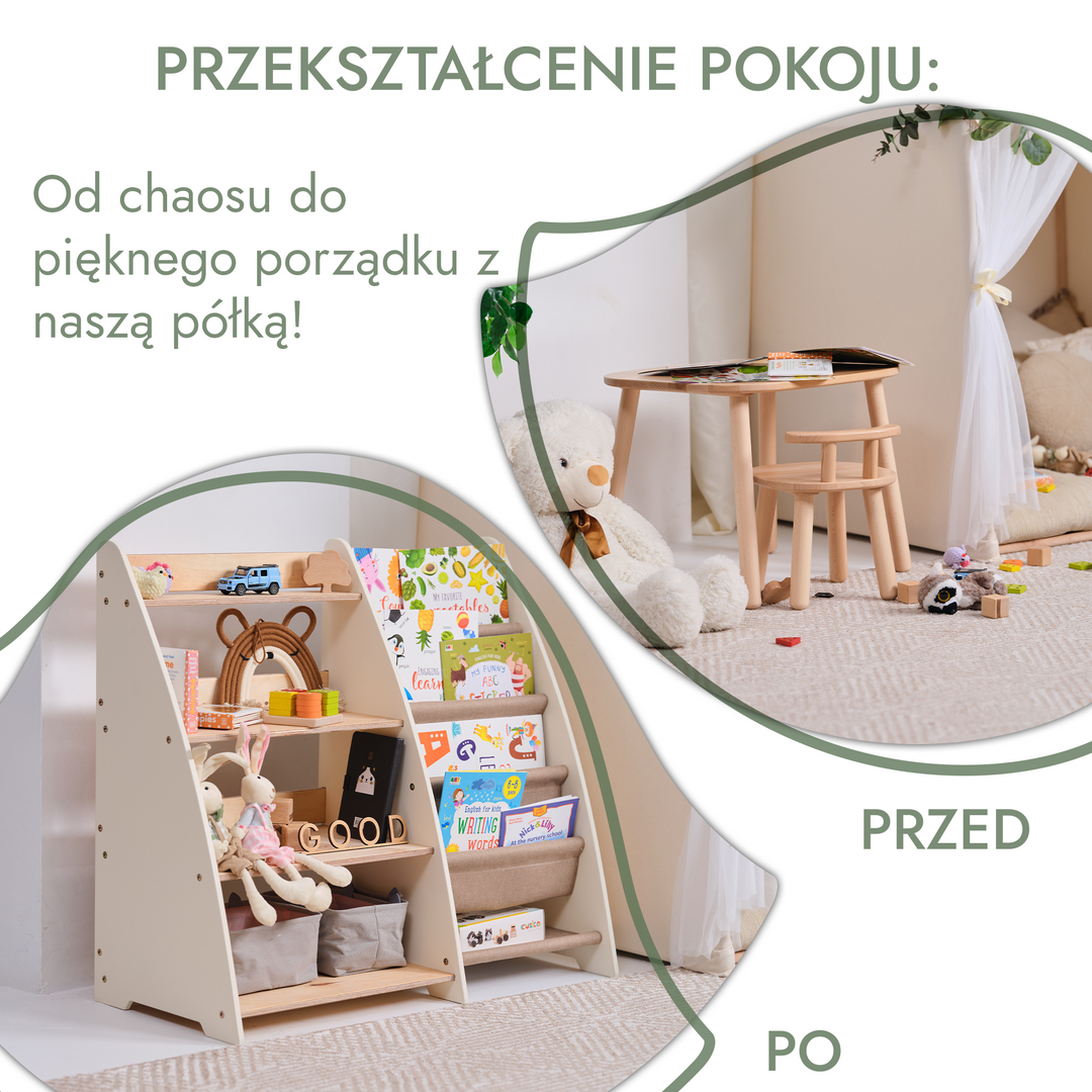 Regały Montessori na książki i zabawki dla maluchów 2w1