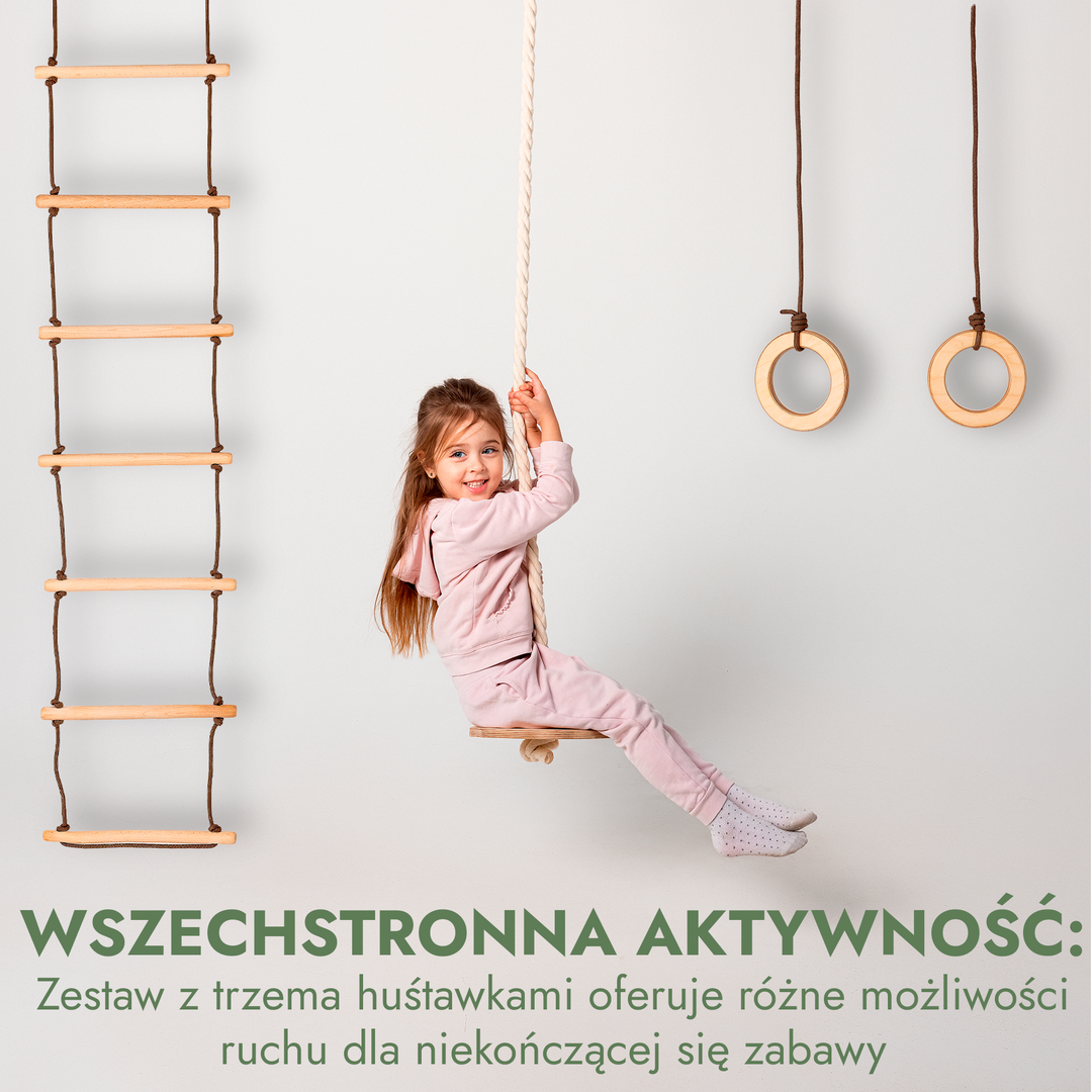 Zestaw do wspinaczki i huśtawki 3w1: drabinka linowa, kółka gimnastyczne i huśtawka talerzowa