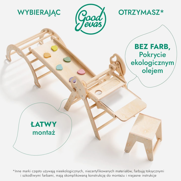 5w1 Zestaw Wspinaczkowy Montessori dla Dzieci: Drabinka Pikler + Bujak /łuk wspinaczkowy + zjeżdżalnia + poduszka + Przystawka do Rysowania (1-3 lata)
