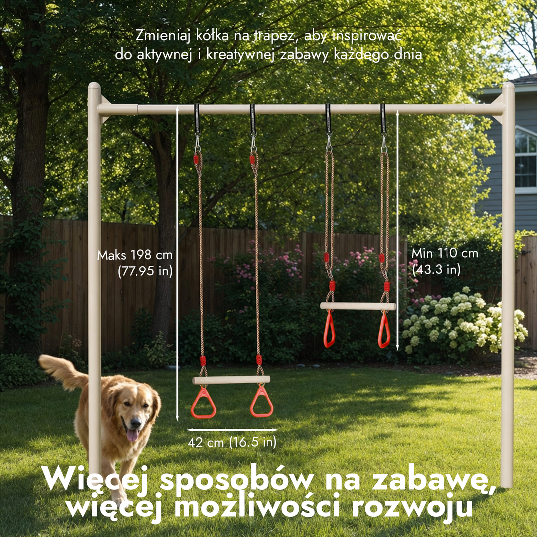 Zestaw huśtawka 2w1: trapez + kółka gimnastyczne