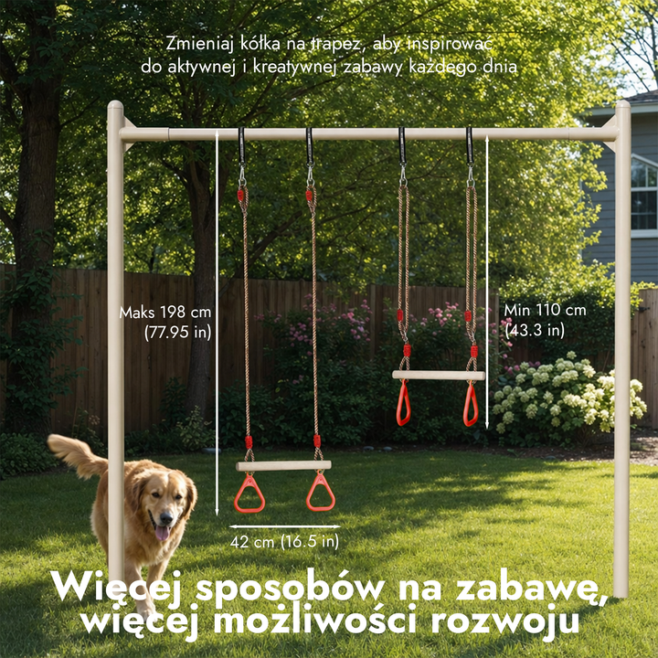 Zestaw huśtawka 2w1: trapez + kółka gimnastyczne
