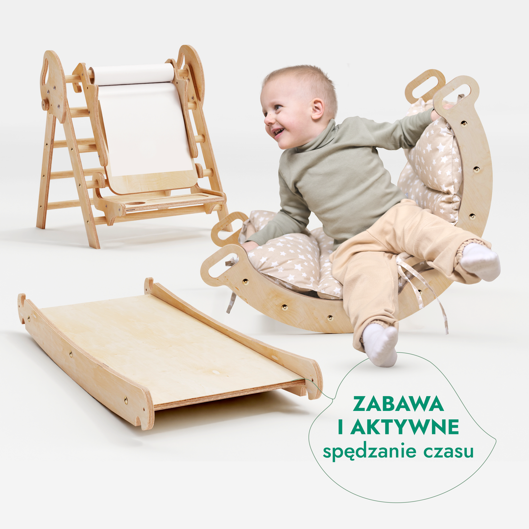 5w1 Zestaw Wspinaczkowy Montessori dla Dzieci: Drabinka Pikler + Bujak /łuk wspinaczkowy + zjeżdżalnia + poduszka + Przystawka do Rysowania (1-3 lata)