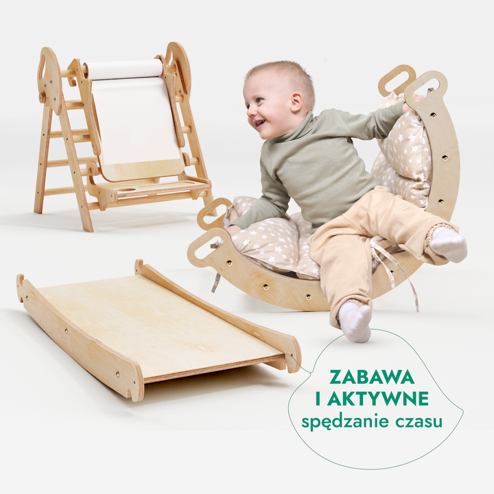5w1 Zestaw Wspinaczkowy Montessori dla Dzieci: Drabinka Pikler + Bujak /łuk wspinaczkowy + zjeżdżalnia + poduszka + Przystawka do Rysowania (1-3 lata)