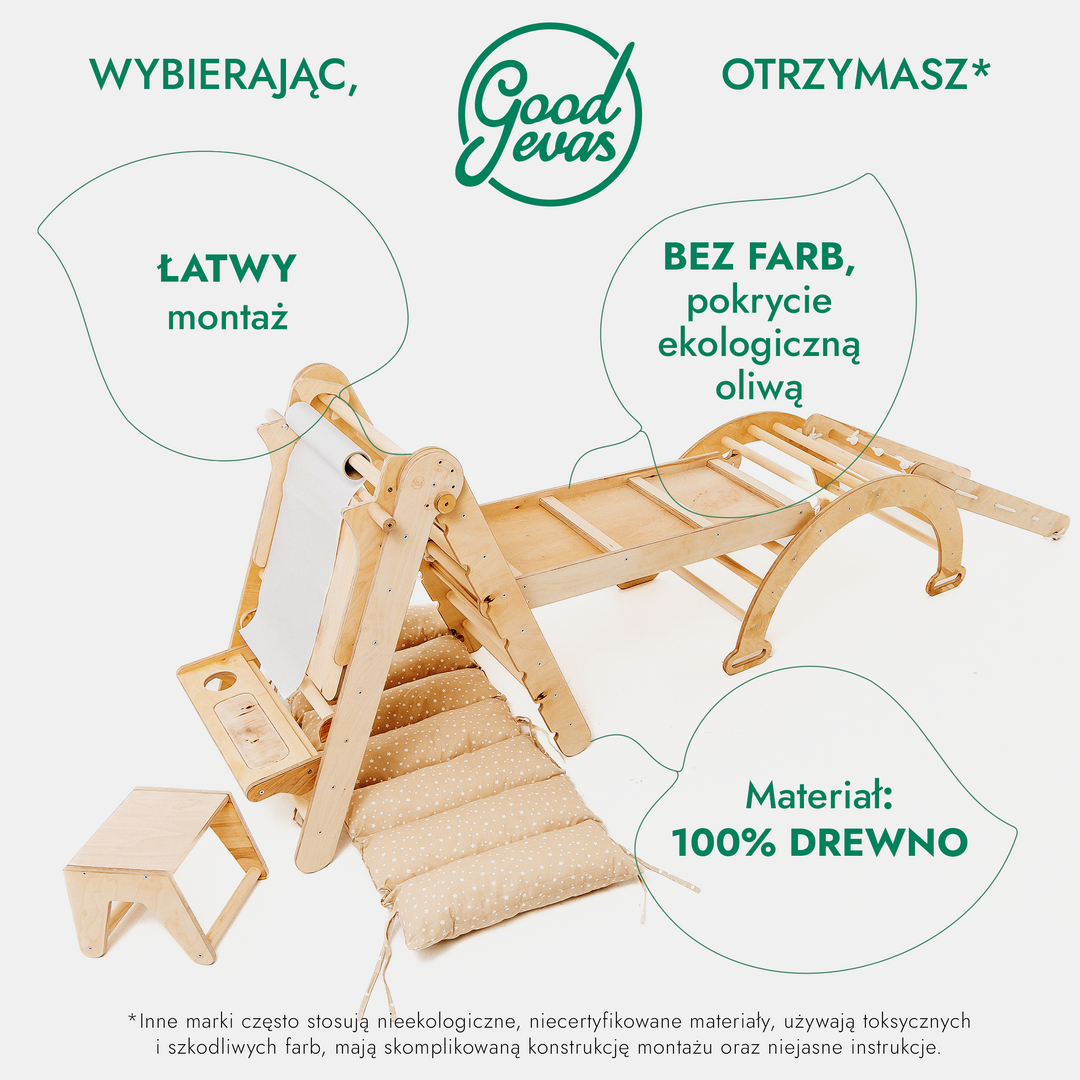 Zestaw Wspinaczkowy Montessori dla Dzieci 6w1 : Drabinka Pikler + Bujak + Zjeżdżalnia + Siatka + Poduszka + Przystawka do Rysowania