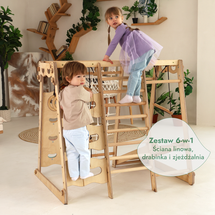 Drewniany plac zabaw dla dzieci 6w1: plac zabaw + zestaw huśtawek + zjeżdżalnia + lina + schody