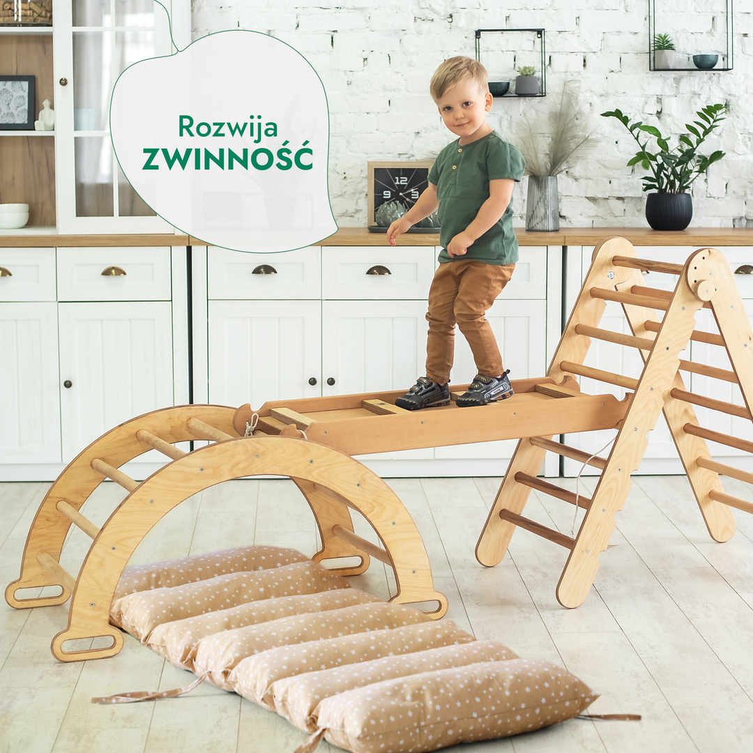 4w1 Zestaw Wspinaczkowy Montessori dla Dzieci: Drabinka Pikler + Bujak + Zjeżdżalnia + Poduszka - Beżowy