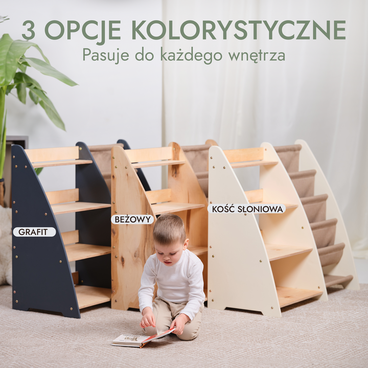 Regały Montessori na książki i zabawki dla maluchów 2w1