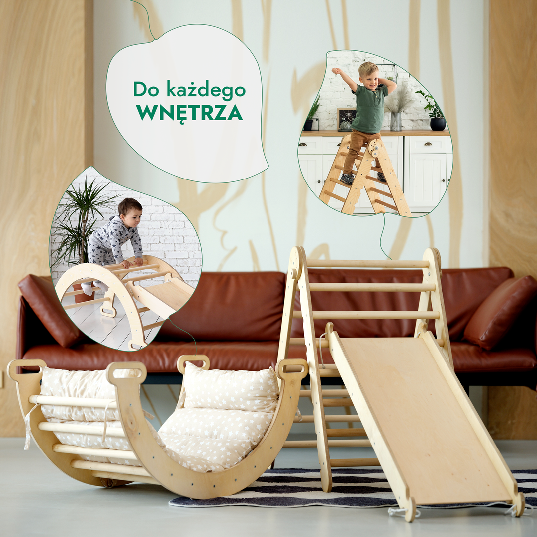 4w1 Zestaw Wspinaczkowy Montessori dla Dzieci: Drabinka Pikler + Bujak + Zjeżdżalnia + Poduszka - Beżowy