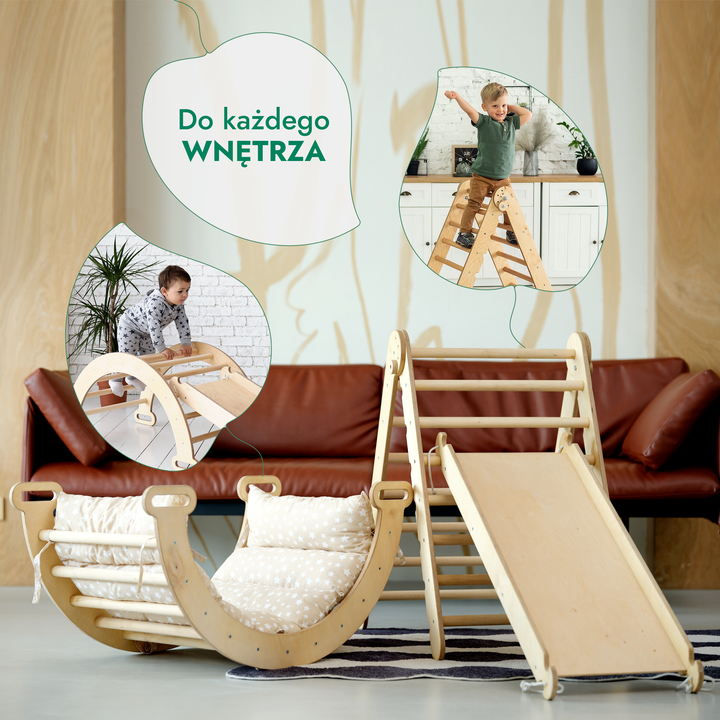 4w1 Zestaw Wspinaczkowy Montessori dla Dzieci: Drabinka Pikler + Bujak + Zjeżdżalnia + Poduszka - Beżowy