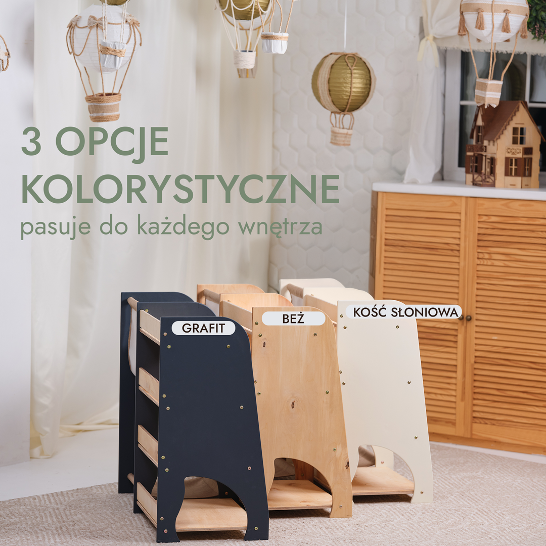 Drewniane regały Montessori 2w1: Regał na książki i zabawki