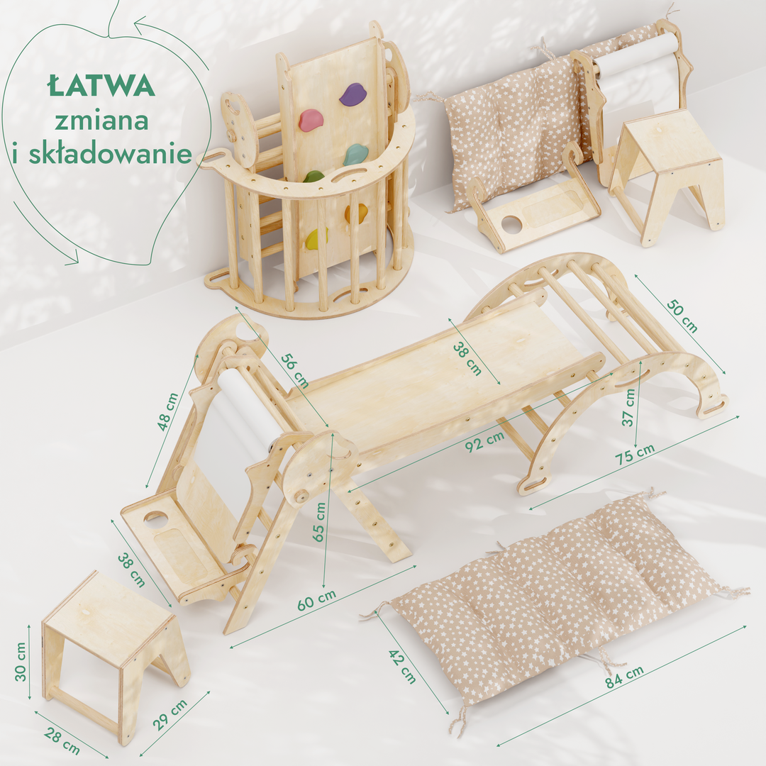 5w1 Zestaw Wspinaczkowy Montessori dla Dzieci: Drabinka Pikler + Bujak /łuk wspinaczkowy + zjeżdżalnia + poduszka + Przystawka do Rysowania (1-3 lata)