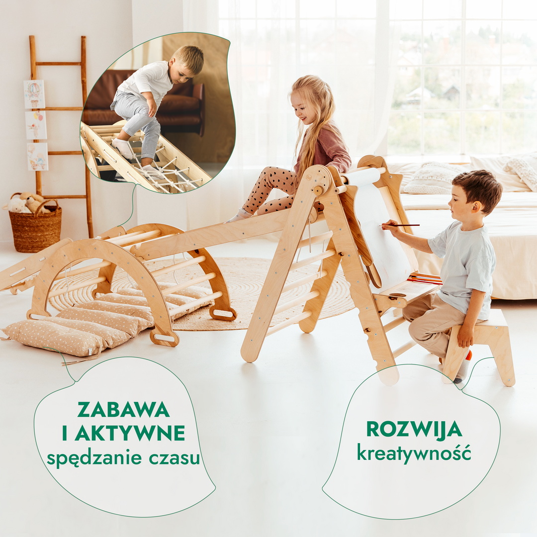 Zestaw Wspinaczkowy Montessori dla Dzieci 6w1 : Drabinka Pikler + Bujak + Zjeżdżalnia + Siatka + Poduszka + Przystawka do Rysowania