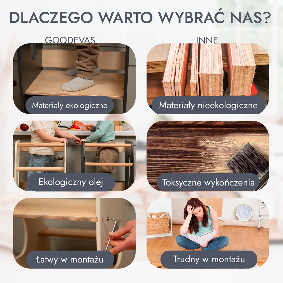 Podest kuchenny Montessori: niezbędna pomoc w kuchni. Kolor: szary