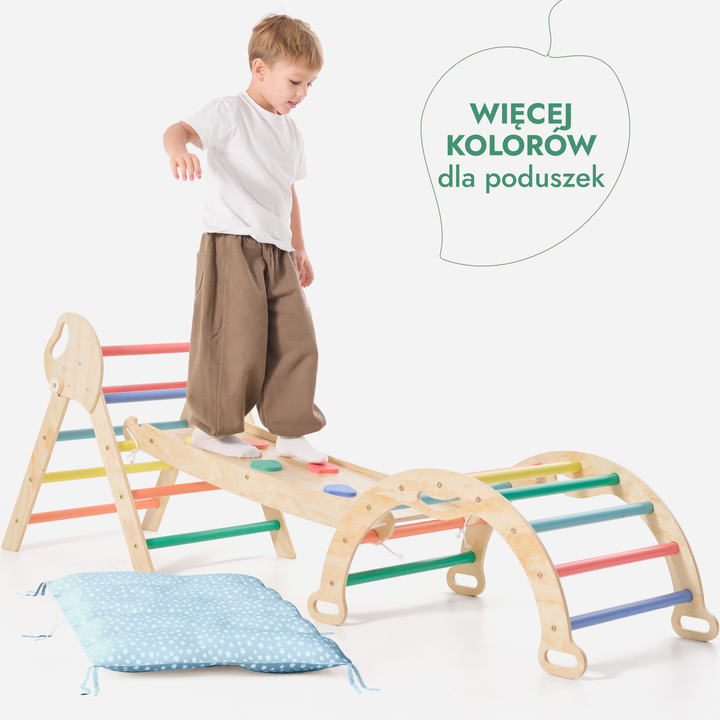 4w1 Zestaw Wspinaczkowy Montessori dla Dzieci: Drabinka Pikler + Bujak /łuk wspinaczkowy + Zjeżdżalnia + poduszka (1-3 lata) - Tęcza