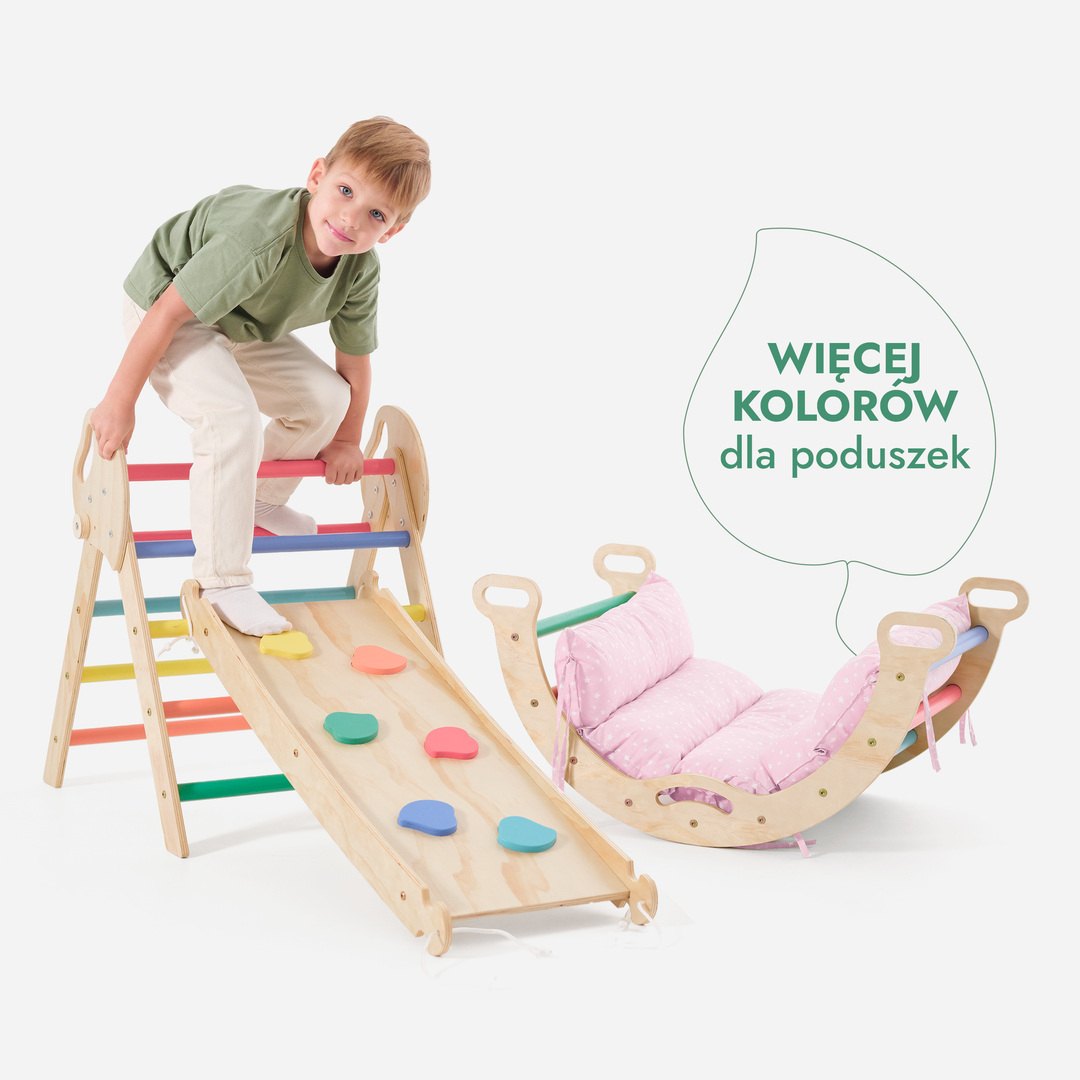 4w1 Zestaw Wspinaczkowy Montessori dla Dzieci: Drabinka Pikler + Bujak /łuk wspinaczkowy + Zjeżdżalnia + poduszka (1-3 lata) - Tęcza