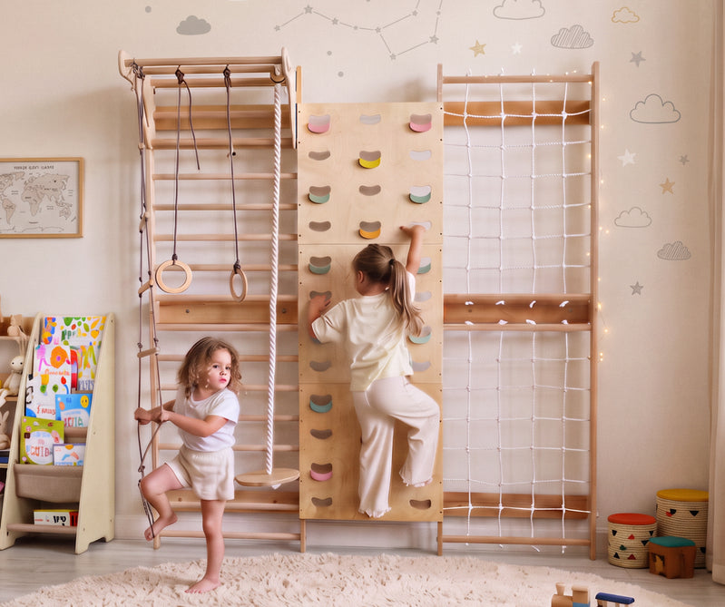 7-in-1 Ścianka wspinaczkowa dla dzieci: drabinka, chwyty, siatka, drążek i zestaw huśtawek 3w1