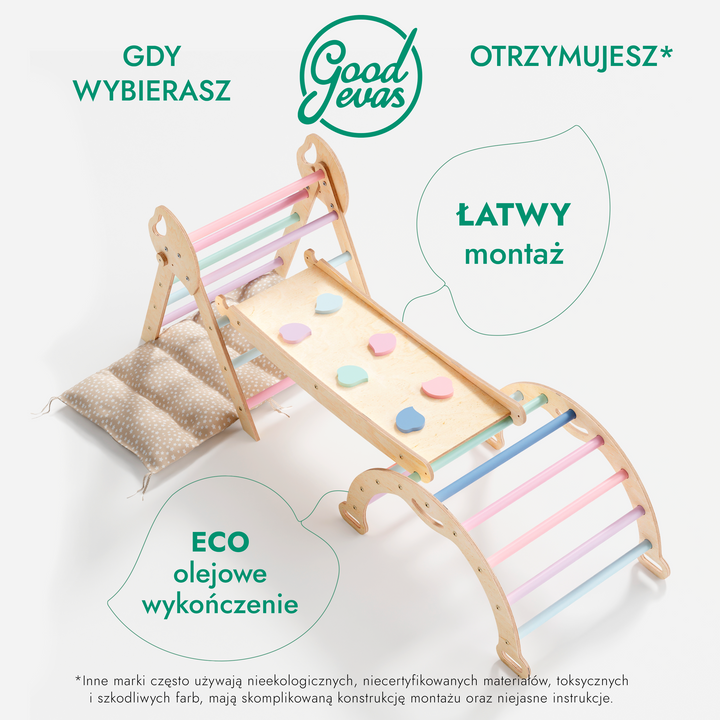 4w1 Zestaw Wspinaczkowy Montessori dla Dzieci: Drabinka Pikler + Bujak /łuk wspinaczkowy + Zjeżdżalnia + poduszka (1-3 lata) - Pastelowy