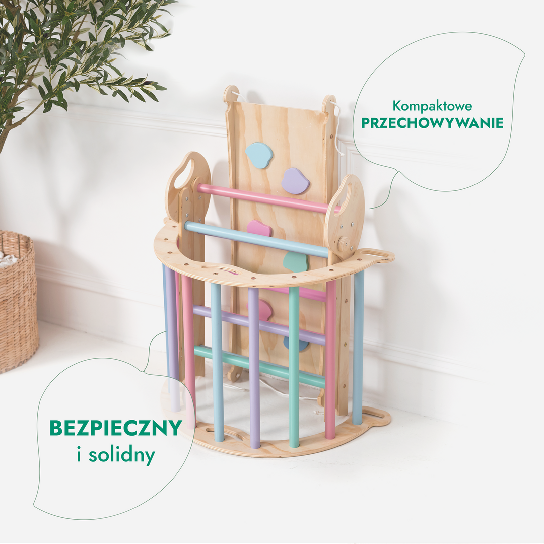 4w1 Zestaw Wspinaczkowy Montessori dla Dzieci: Drabinka Pikler + Bujak /łuk wspinaczkowy + Zjeżdżalnia + poduszka (1-3 lata) - Pastelowy