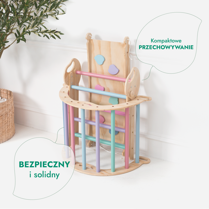 4w1 Zestaw Wspinaczkowy Montessori dla Dzieci: Drabinka Pikler + Bujak /łuk wspinaczkowy + Zjeżdżalnia + poduszka (1-3 lata) - Pastelowy