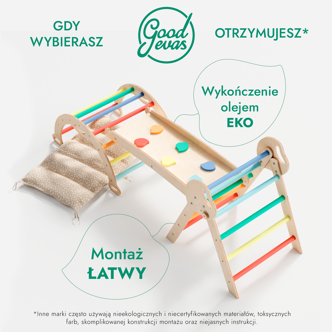 4w1 Zestaw Wspinaczkowy Montessori dla Dzieci: Drabinka Pikler + Bujak /łuk wspinaczkowy + Zjeżdżalnia + poduszka (1-3 lata) - Tęcza
