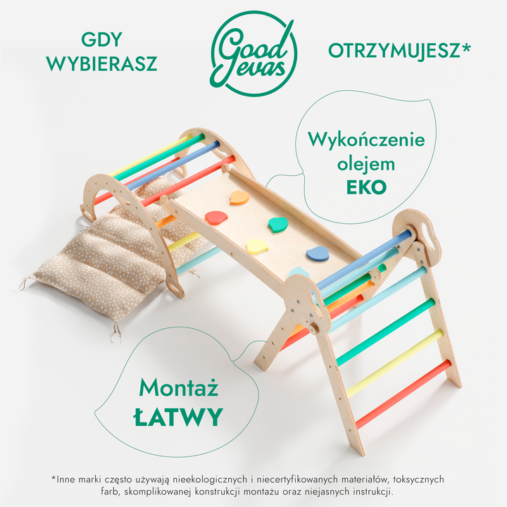4w1 Zestaw Wspinaczkowy Montessori dla Dzieci: Drabinka Pikler + Bujak /łuk wspinaczkowy + Zjeżdżalnia + poduszka (1-3 lata) - Tęcza