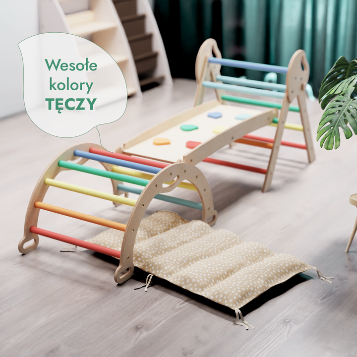 4w1 Zestaw Wspinaczkowy Montessori dla Dzieci: Drabinka Pikler + Bujak /łuk wspinaczkowy + Zjeżdżalnia + poduszka (1-3 lata) - Tęcza