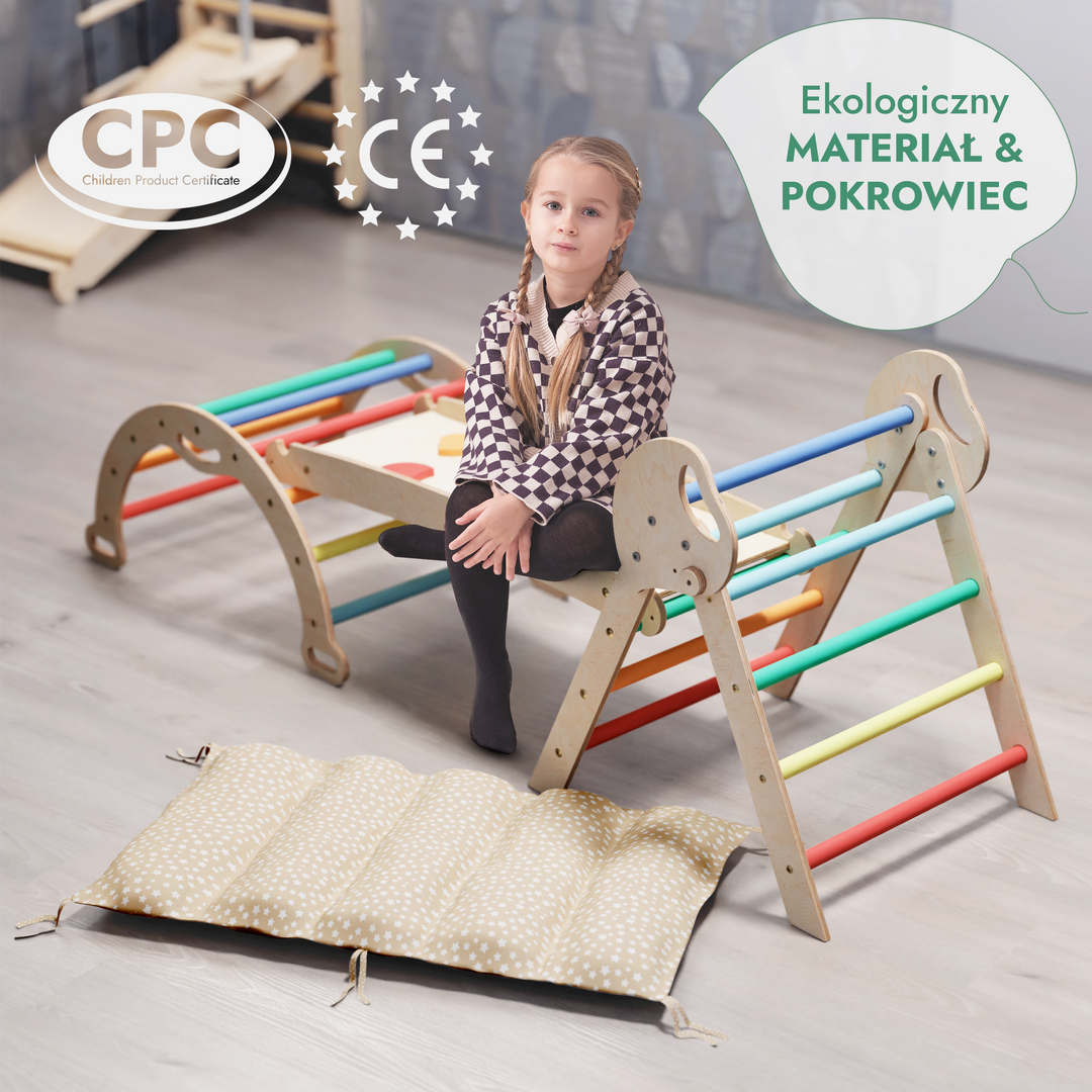 4w1 Zestaw Wspinaczkowy Montessori dla Dzieci: Drabinka Pikler + Bujak /łuk wspinaczkowy + Zjeżdżalnia + poduszka (1-3 lata) - Tęcza